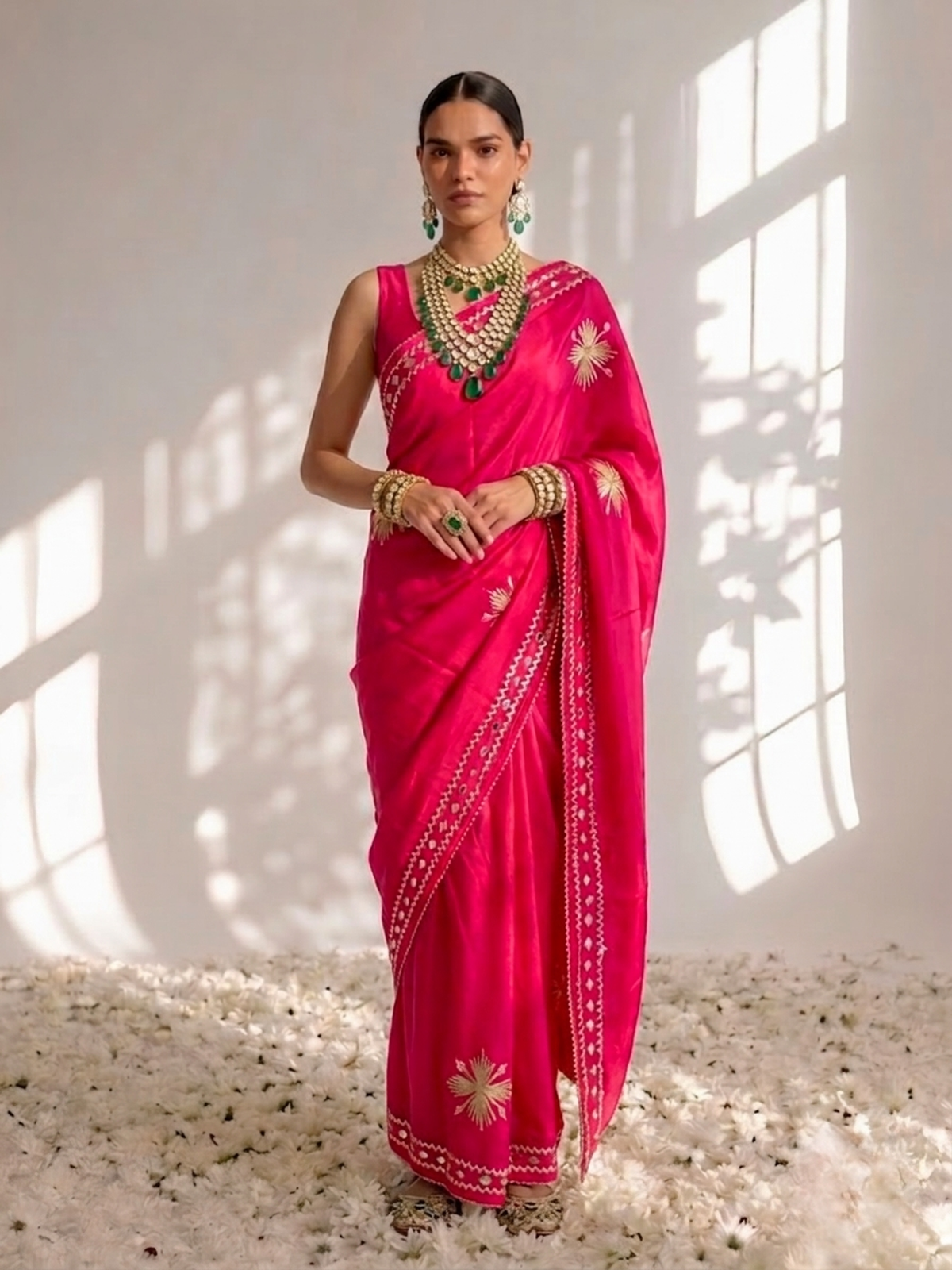 Fuchsia Dual Shade Satin Saree with Gota Patti and Blouse Fabric
