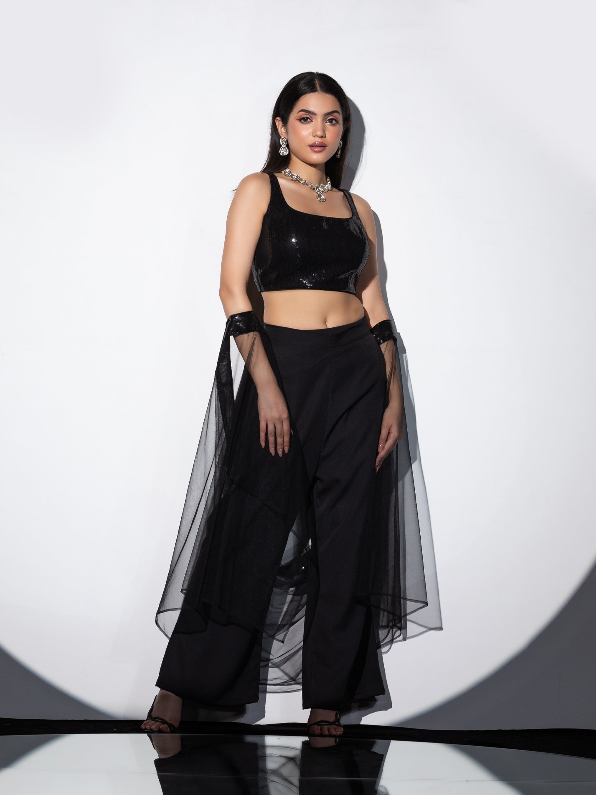 Women's Shawa-Shawa Outfit with Sequin Blouse, Flared Pant, and Net Sequin Dupatta 3 Piece Set | Straight Fit, Round Neck, Sleeveless, Pants, Partywear, (Sequin)