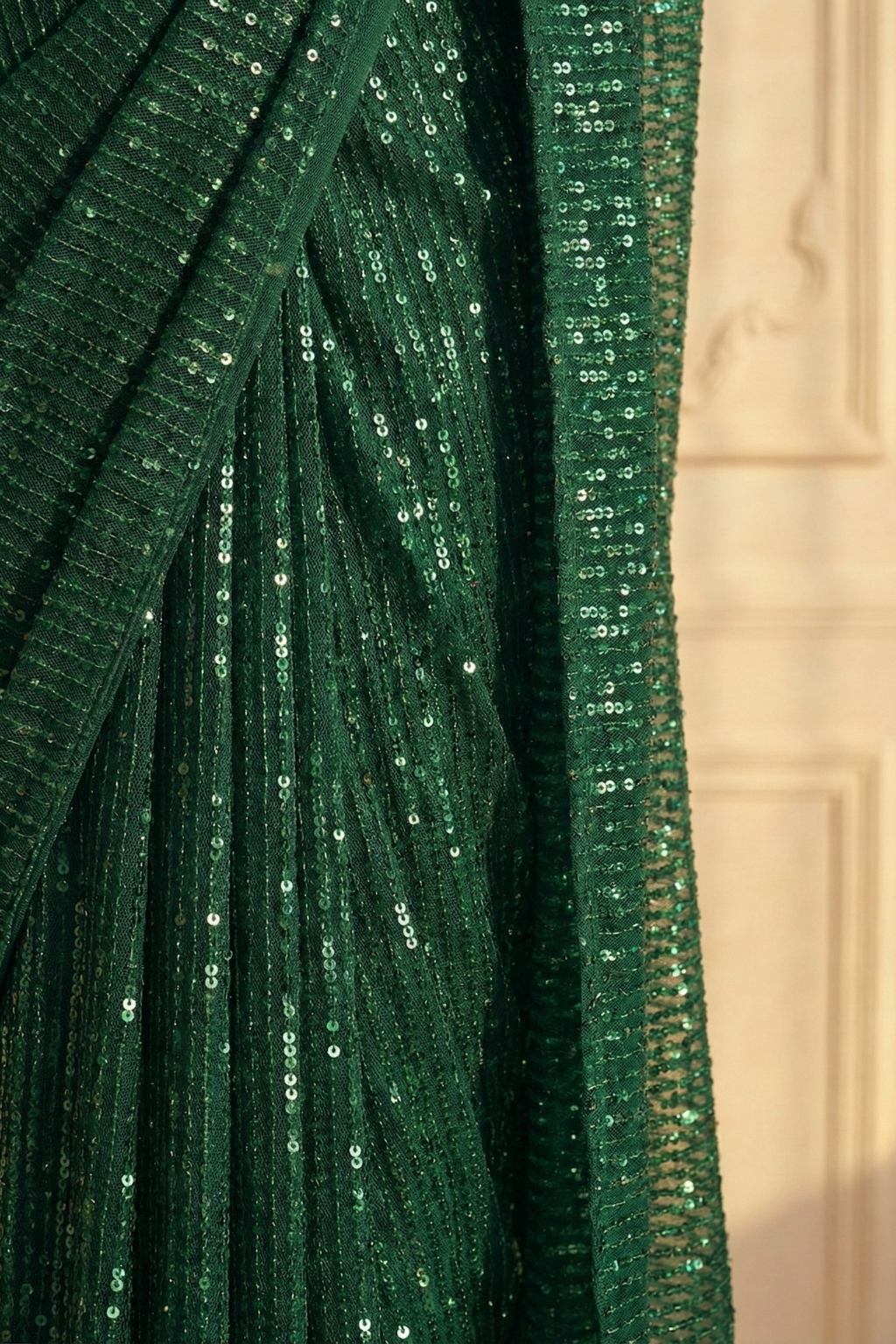 Emerald Green Knitted Sequin Saree with Blouse Fabric