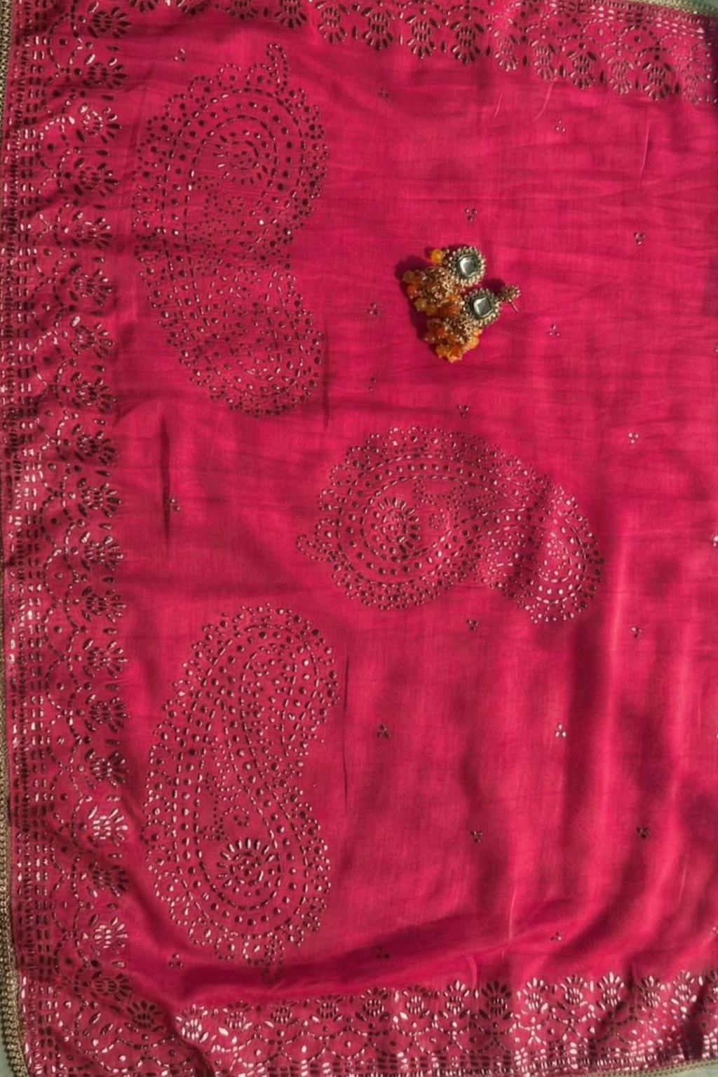 3 Pc Unstitched Suit - Chanderi Pink Mukiesh Kurta with Lining ,Dupatta and Bottom