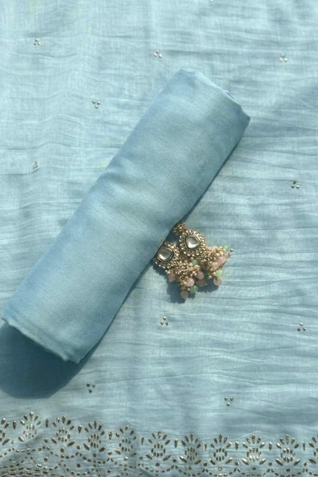 3 Pc Unstitched Suit - Chanderi light Blue Mukiesh Kurta with Lining ,Dupatta and Bottom