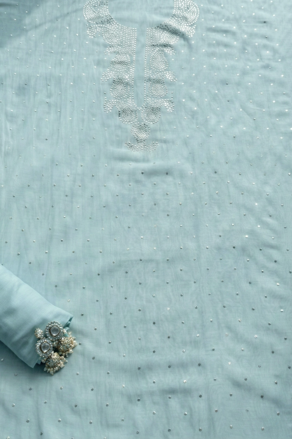 3 Pc Unstitched Suit - Chanderi light Blue Mukiesh Kurta with Lining ,Dupatta and Bottom