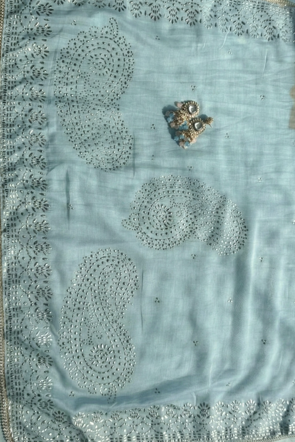 3 Pc Unstitched Suit - Chanderi light Blue Mukiesh Kurta with Lining ,Dupatta and Bottom