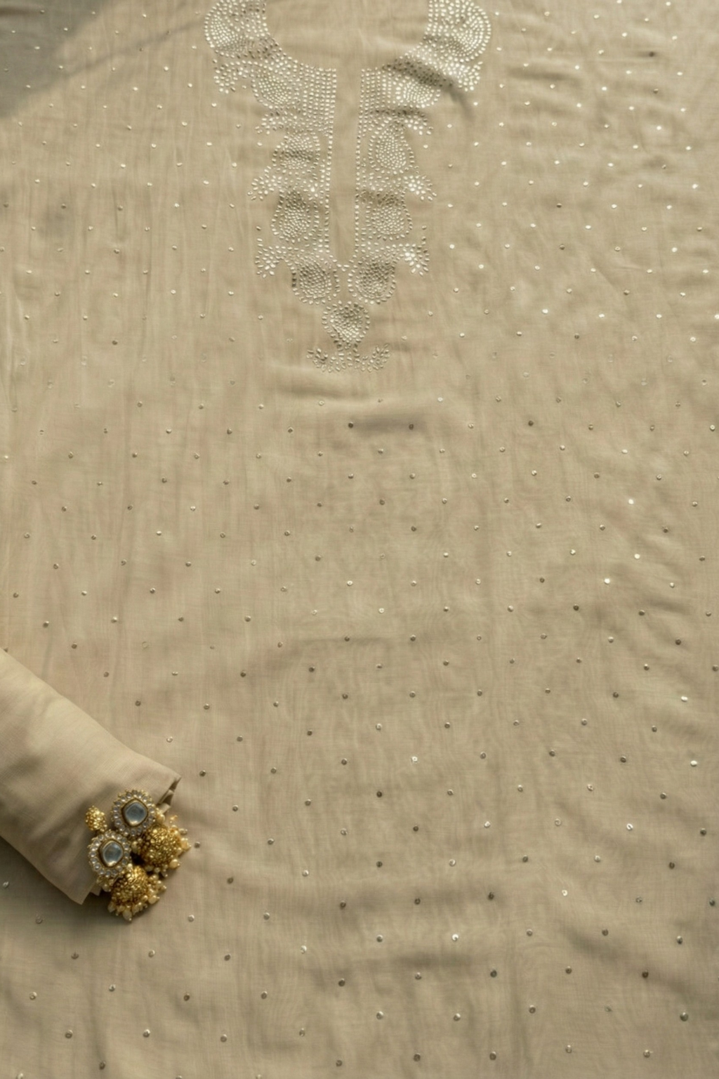 3 Pc Unstitched Suit - Chanderi Fawn Mukiesh Kurta with Lining ,Dupatta and Bottom