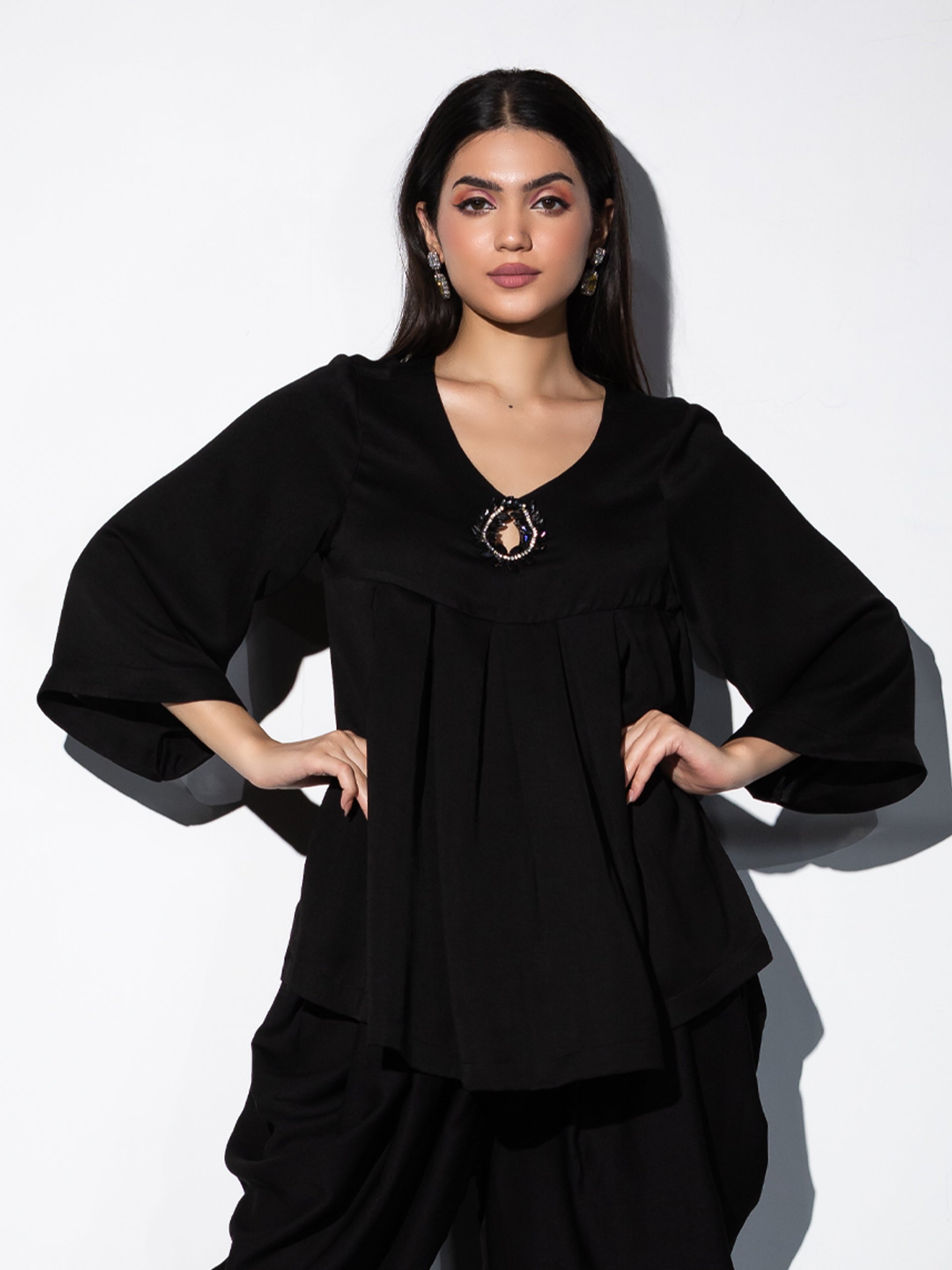 Women's Keyhole Black Korean Kurta Top 1 Piece | A-Line, V Neck, 3/4 Sleeves, Festive Wear, (Korean Fabric)