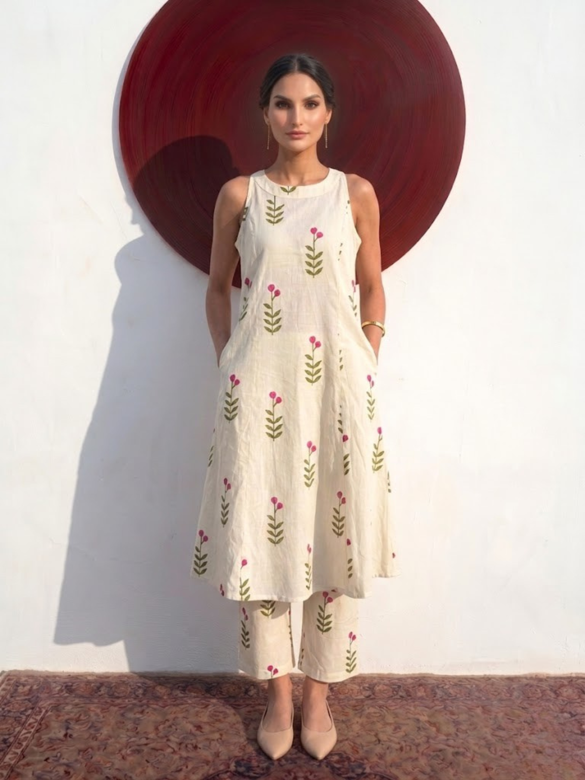 2 pc SET - Floral White Printed Cotton Cambric Sleeveless Kurta and Pant