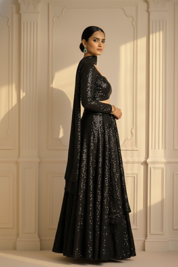 3 pc Set -Black Glamour Sequin Lehenga with Dupatta with Blouse Fabric