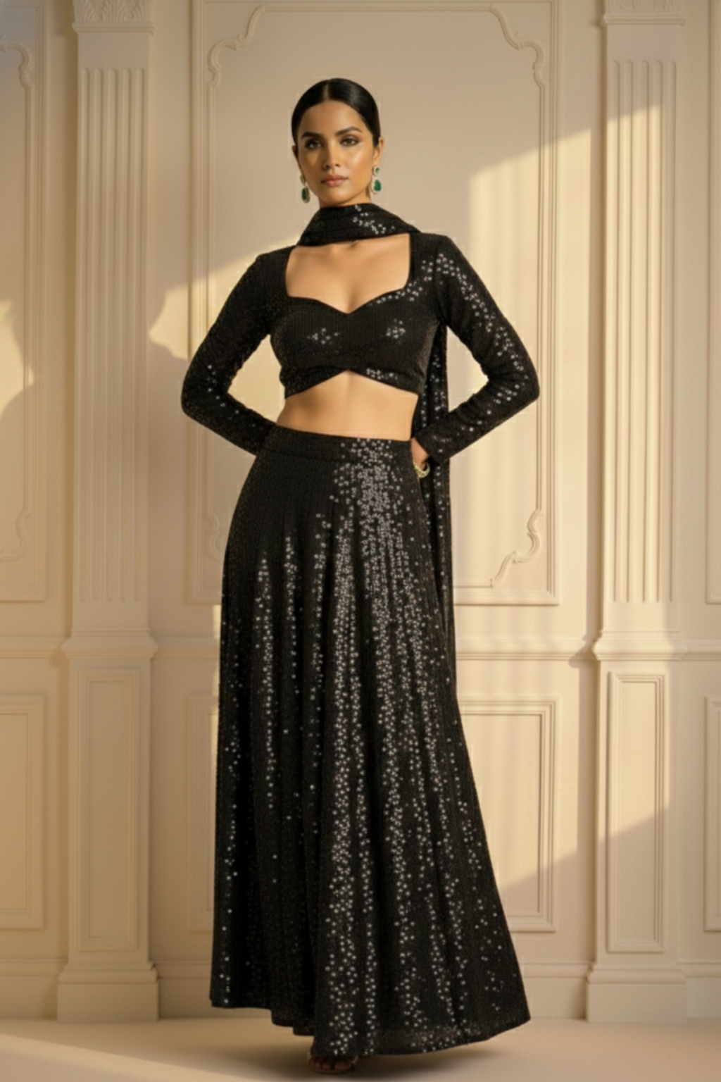 3 pc Set -Black Glamour Sequin Lehenga with Dupatta with Blouse Fabric