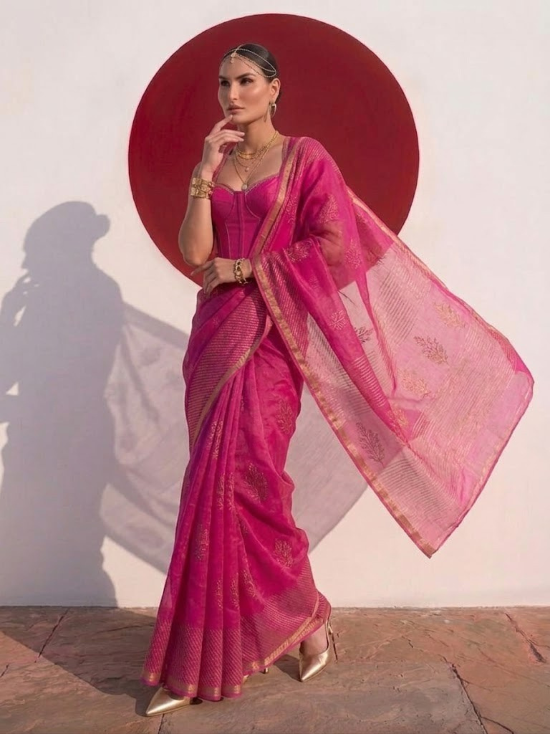 Fuchsia Pure Silk Kota Printed Saree with Blouse Fabric