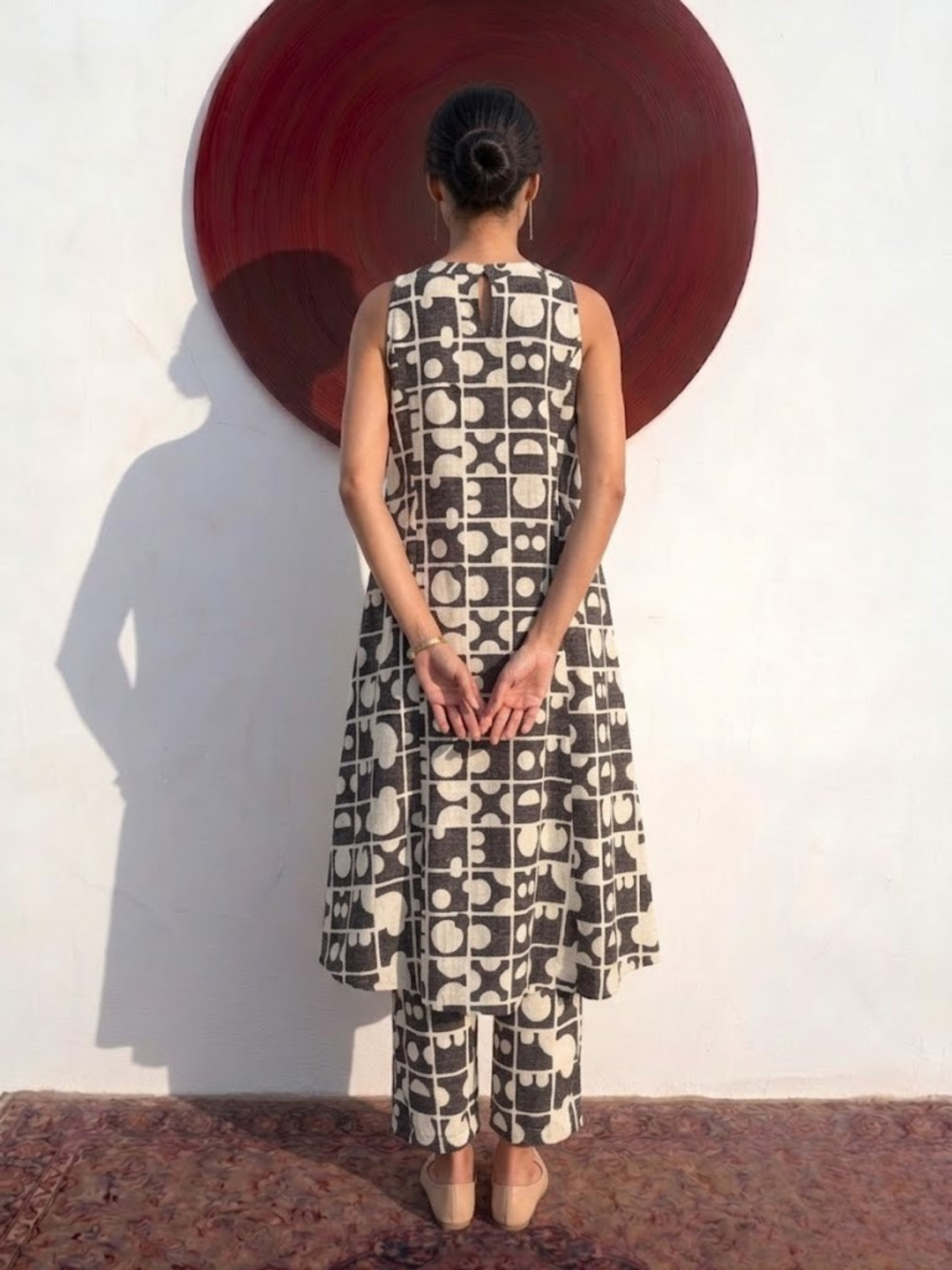 2 pc SET - Black Cream Printed Linen Sleeveless Kurta and Pant