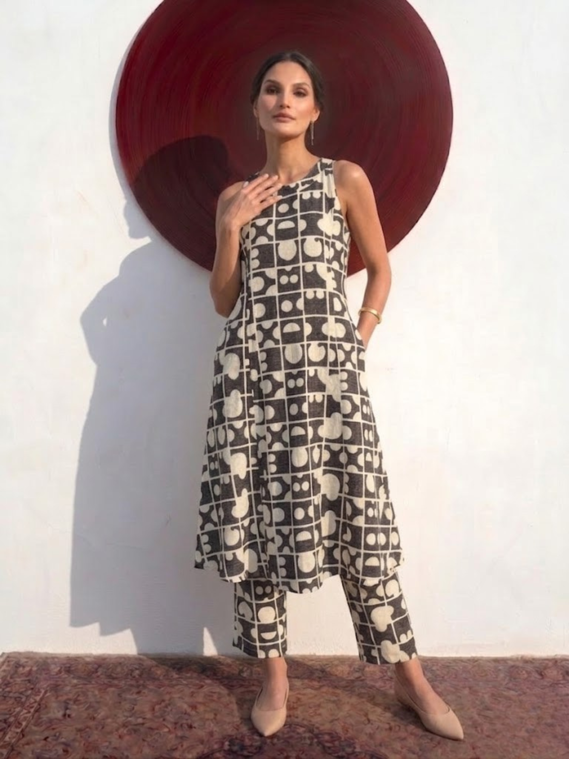 2 pc SET - Black Cream Printed Linen Sleeveless Kurta and Pant