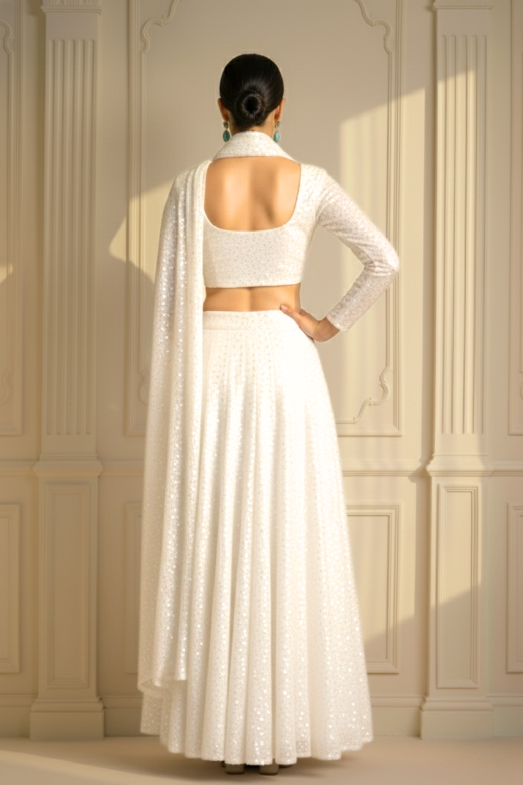 3 pc Set - Cloud Dancer Irredecent Sequin Lehenga with Dupatta with Blouse Fabric