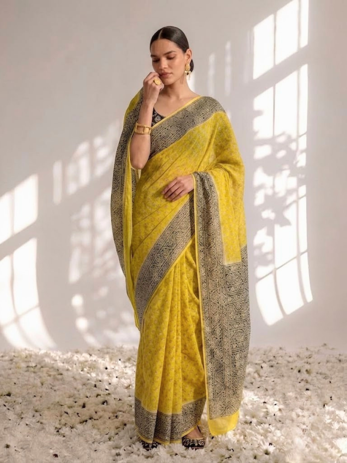 Yellow and Grey Pure Silk Kota Printed Saree with Blouse Fabric