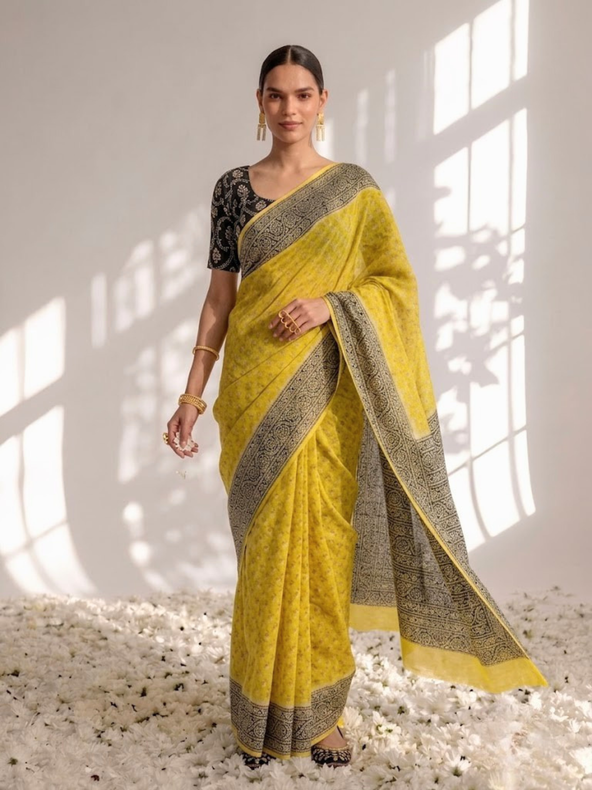 Yellow and Grey Pure Silk Kota Printed Saree with Blouse Fabric