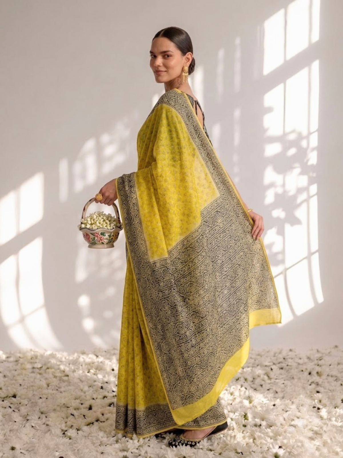Yellow and Grey Pure Silk Kota Printed Saree with Blouse Fabric