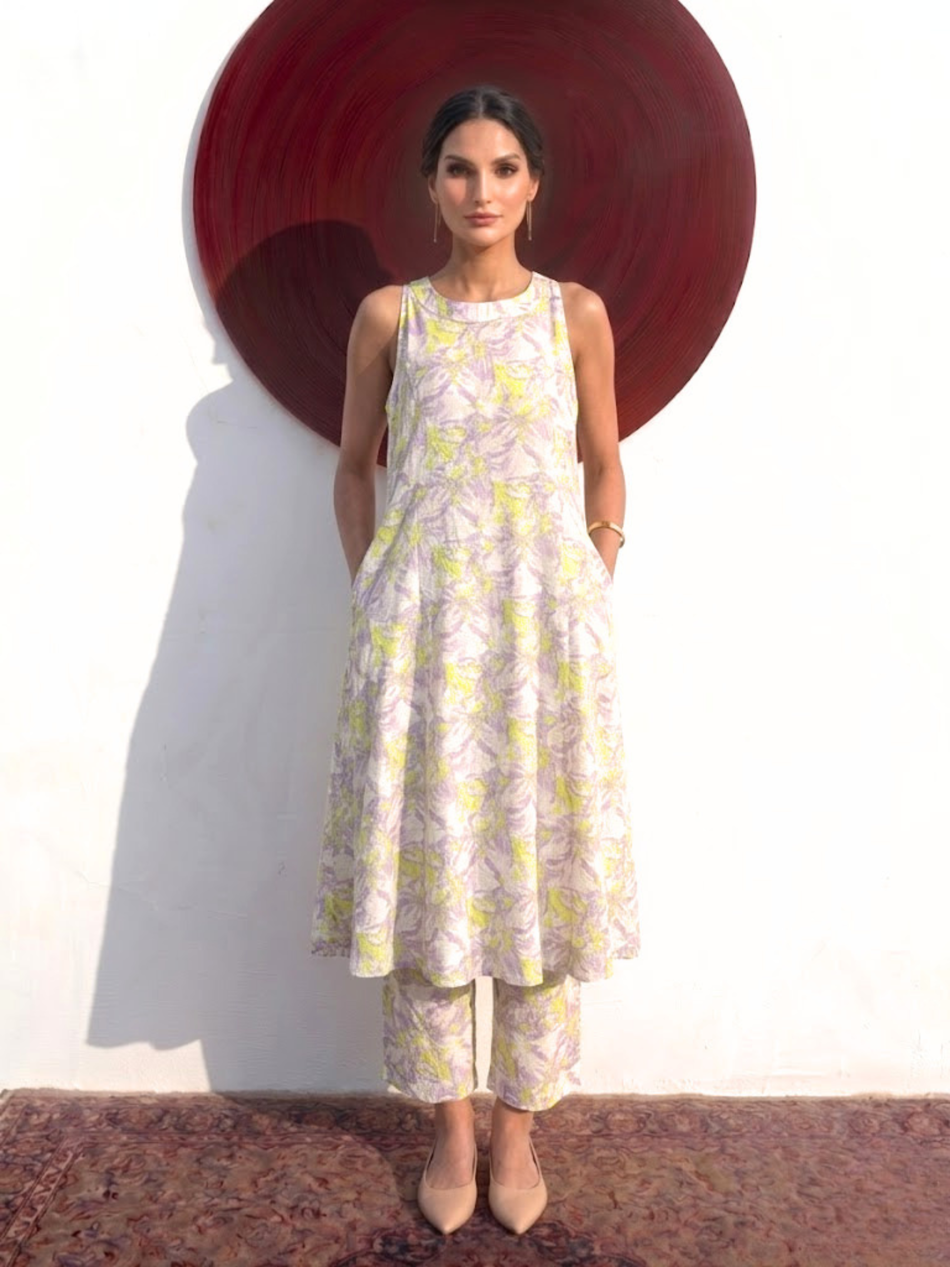 2 pc SET - Lilac and Neon Printed Linen Sleeveless Kurta and Pant