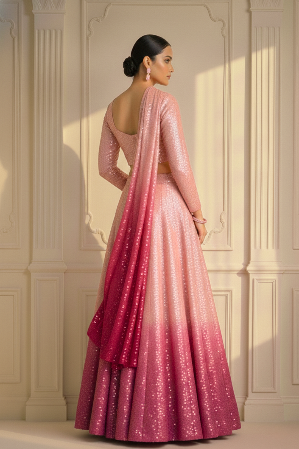 3 pc Set - Barbie Pink Ombre Sequin Lehenga with Dupatta with Blouse Fabric