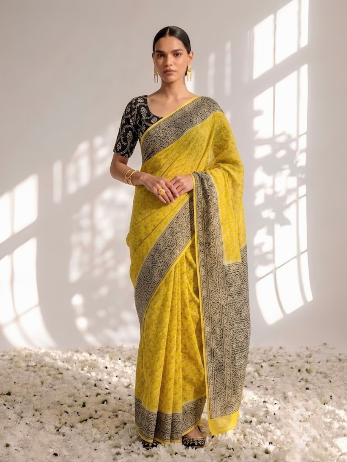 Yellow and Grey Pure Silk Kota Printed Saree with Blouse Fabric