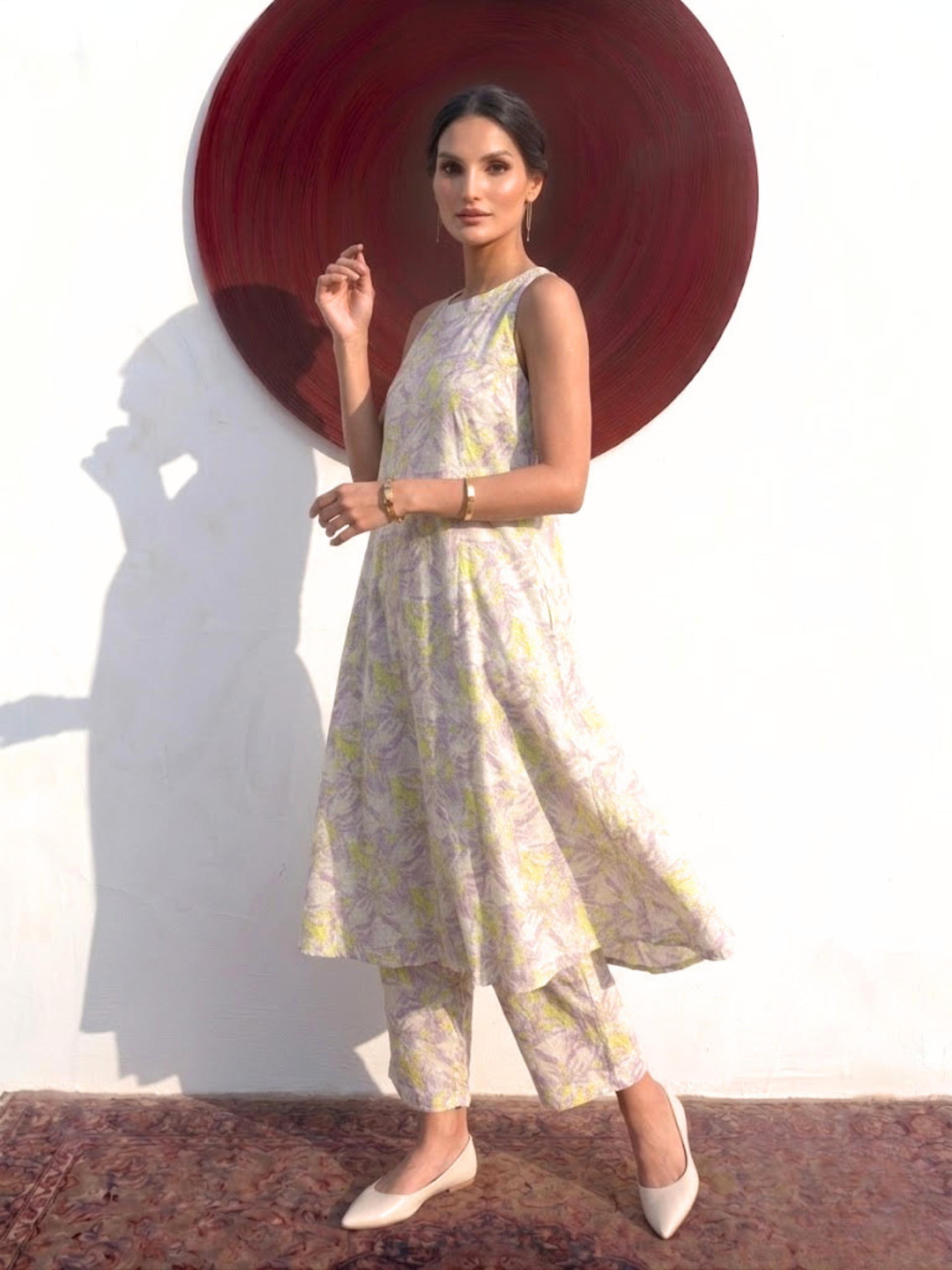 2 pc SET - Lilac and Neon Printed Linen Sleeveless Kurta and Pant