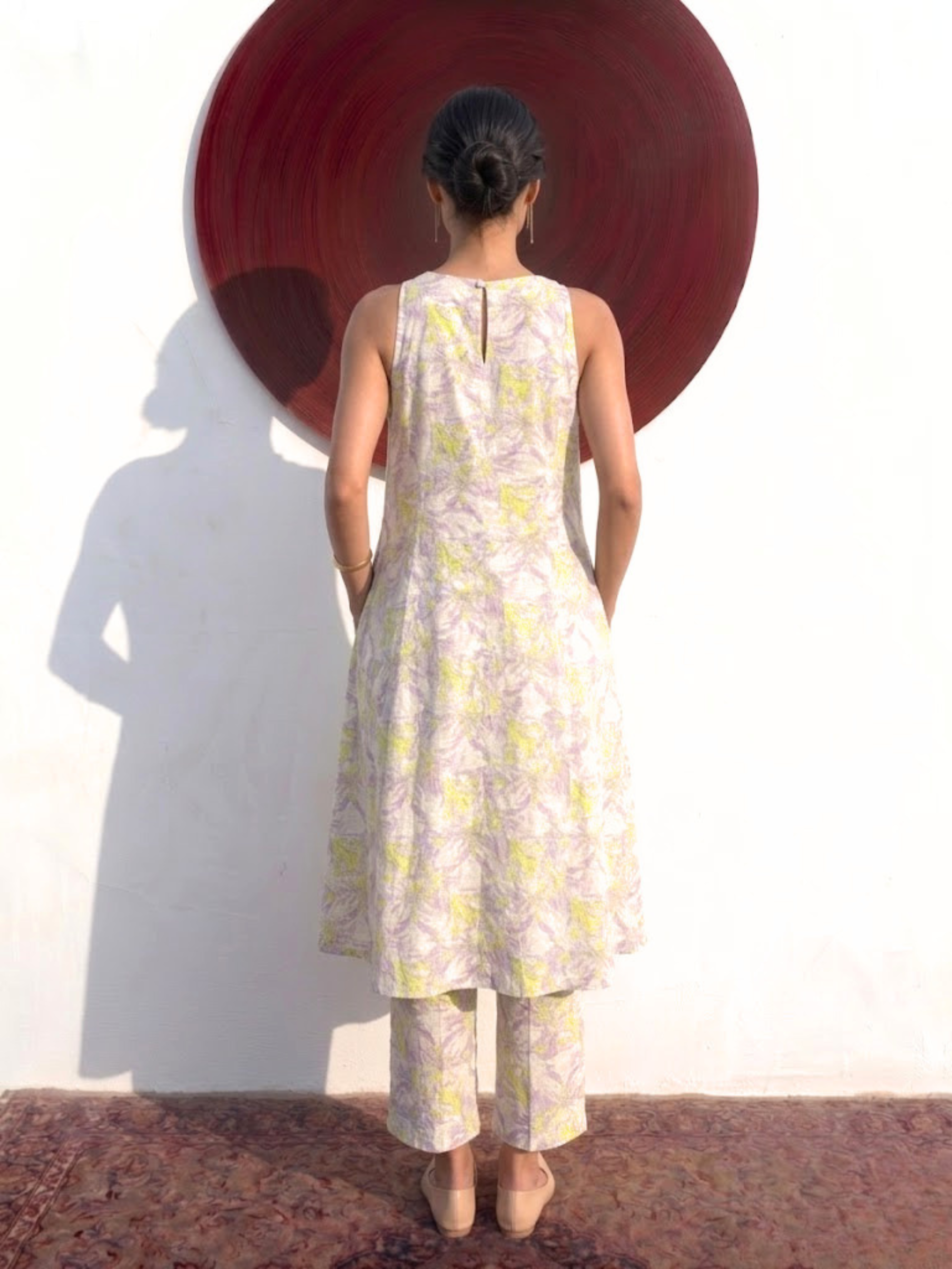 2 pc SET - Lilac and Neon Printed Linen Sleeveless Kurta and Pant