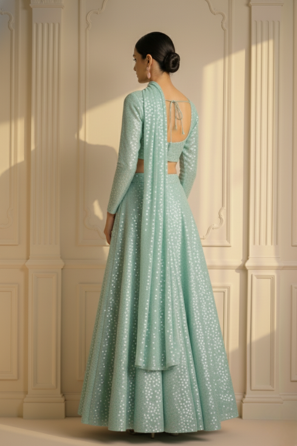 3 pc Set - Candy Mint Sequin Lehenga with Dupatta with Blouse Fabric