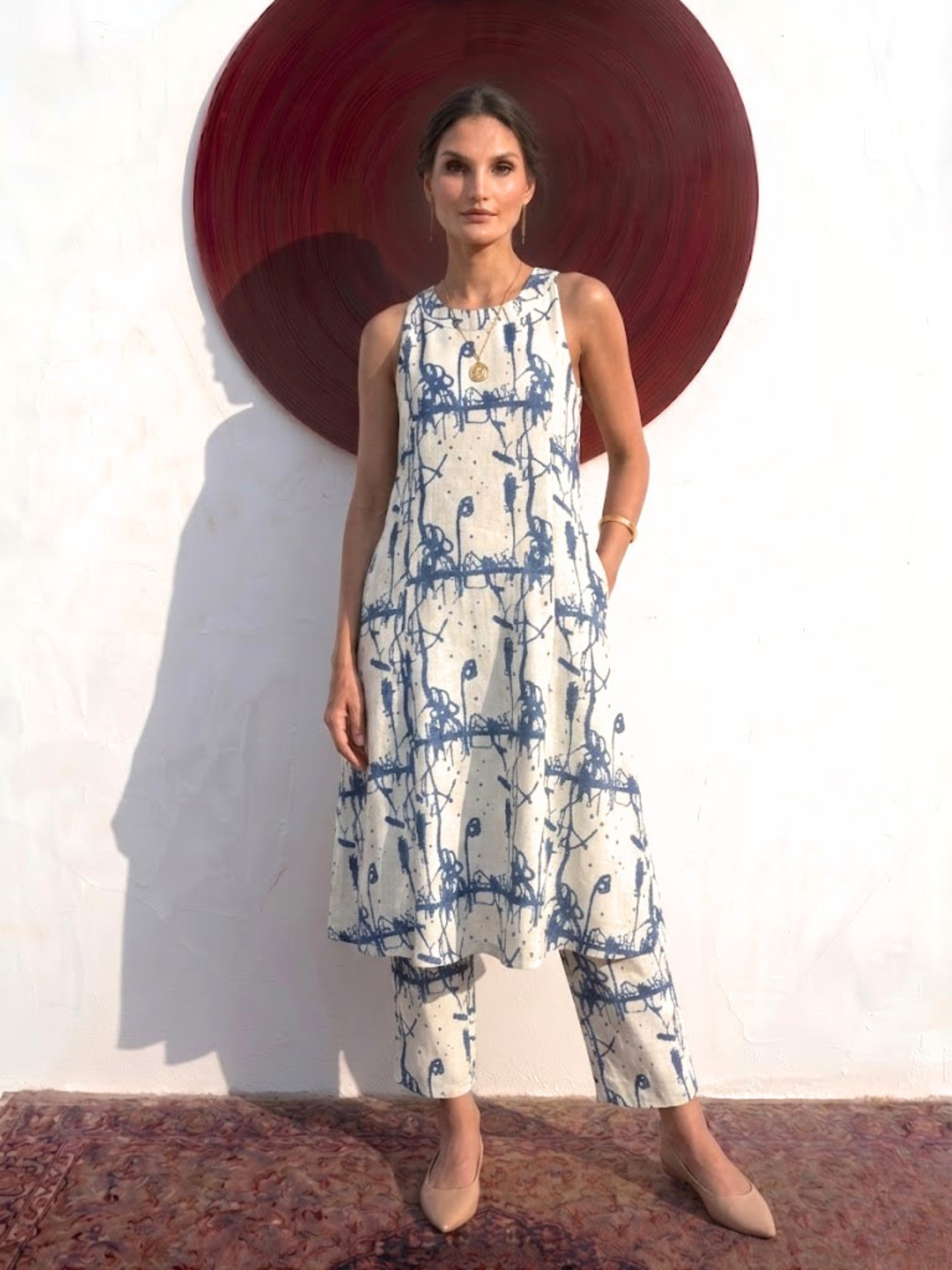 2 pc SET - Cream and Blue Printed Linen Sleeveless Kurta and Pant
