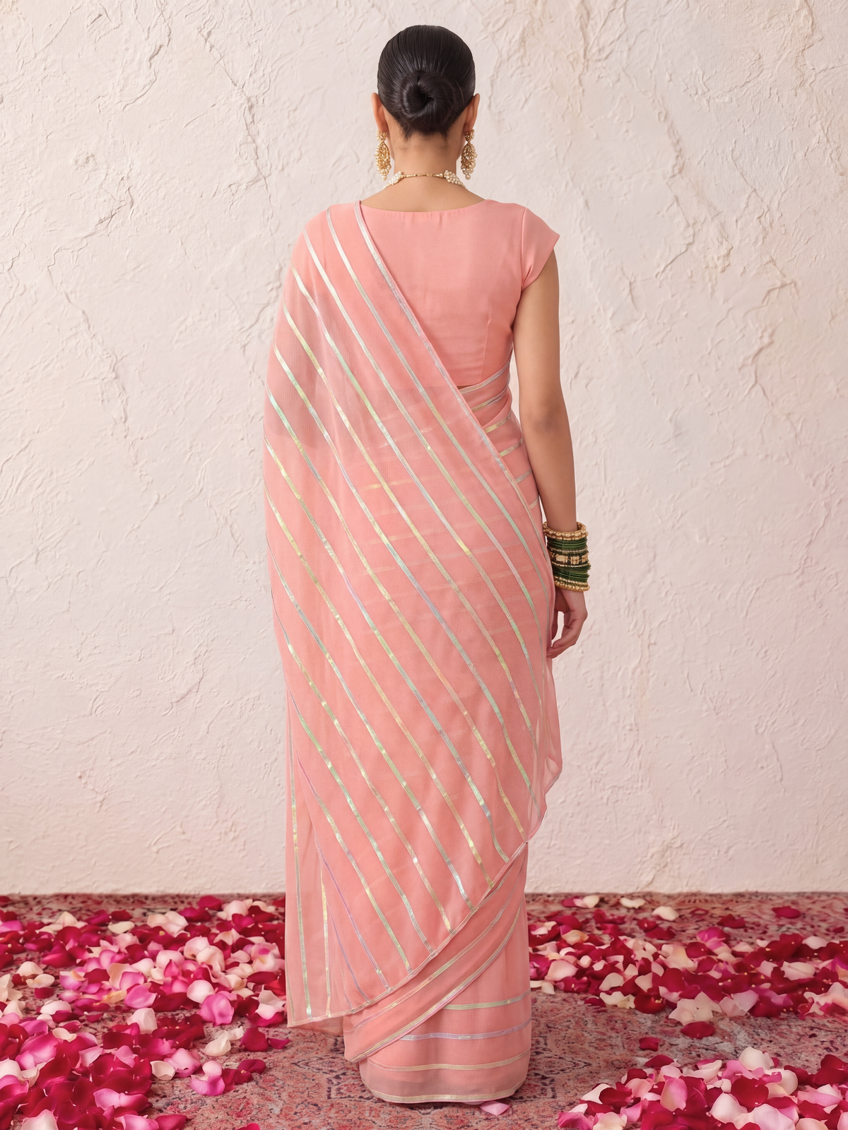Pink and Iridecent Georgette Impression Saree with Self Blouse Fabric