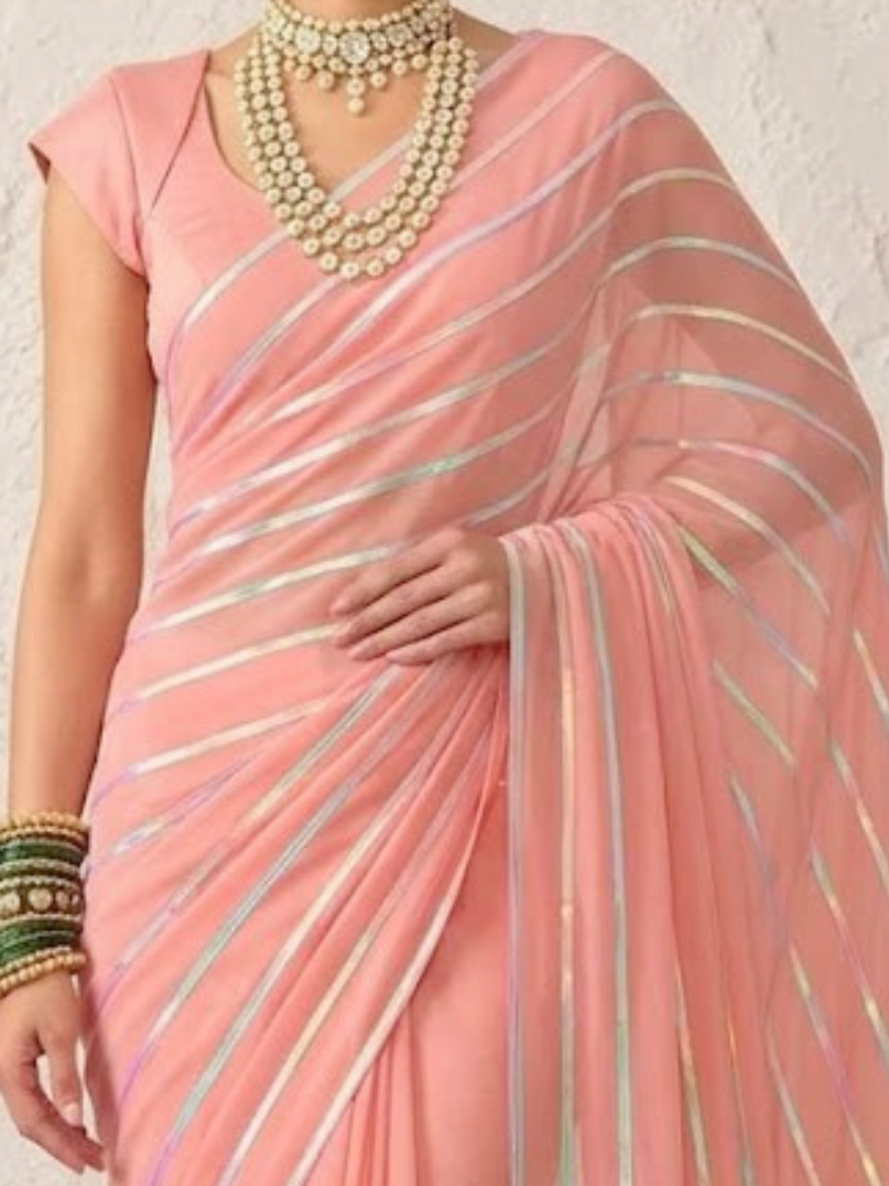 Pink and Iridecent Georgette Impression Saree with Self Blouse Fabric