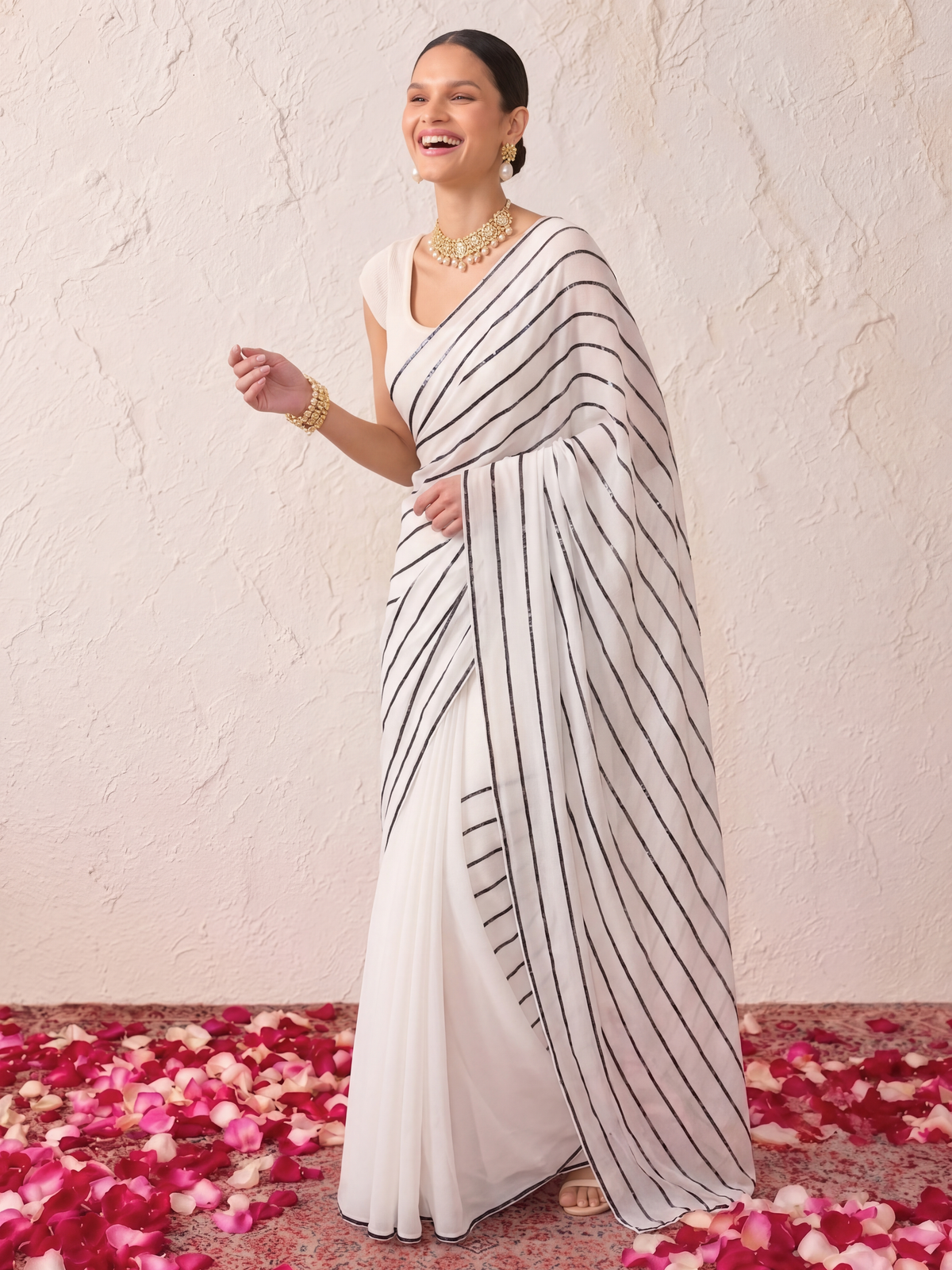 White and Black Georgette Impression Saree with Self Blouse Fabric