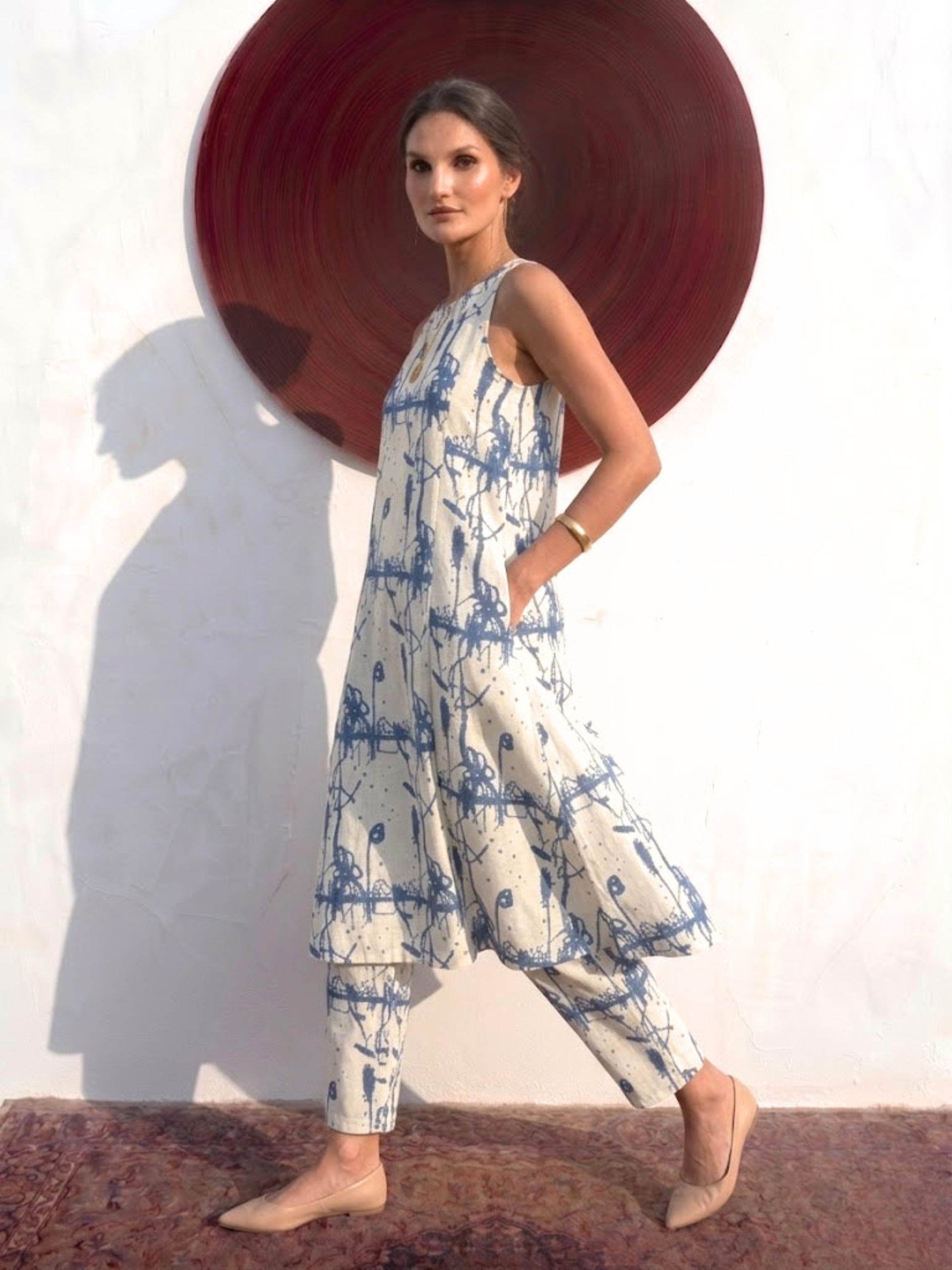 2 pc SET - Cream and Blue Printed Linen Sleeveless Kurta and Pant