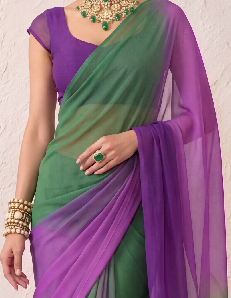 Purple and Green Chiffon Ombre Saree with Beaded Lace on Pallu and Blouse Fabric