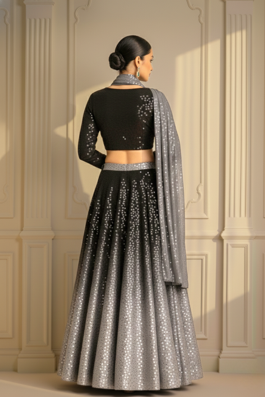 3 pc Set - Black and Grey Ombre' Knitted Sequin Lehenga with Dupatta with Blouse Fabric