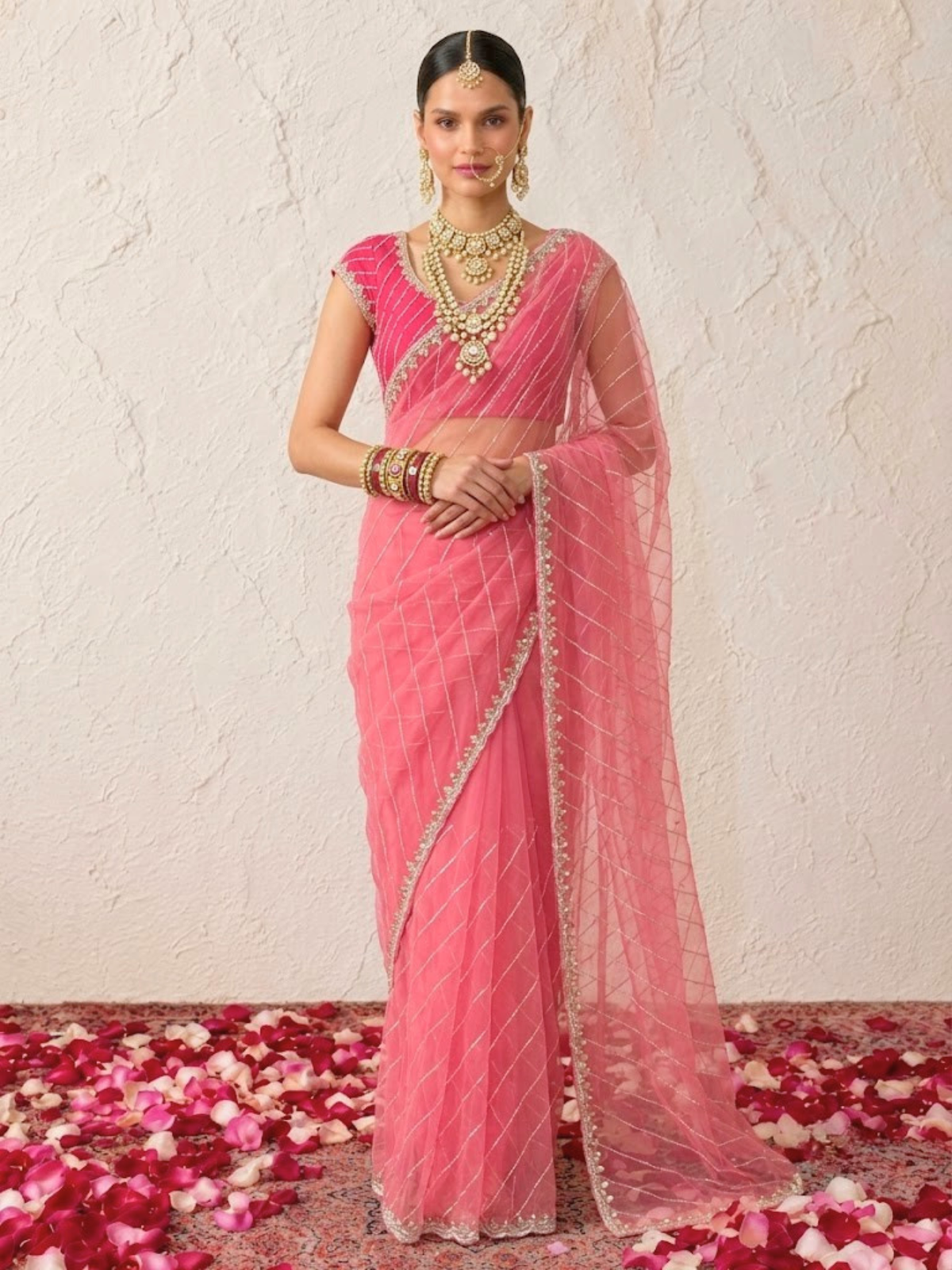 Baby Pink Net Scalloped Hand Beaded Cut Dana Saree with Matching Beaded Blouse Fabric