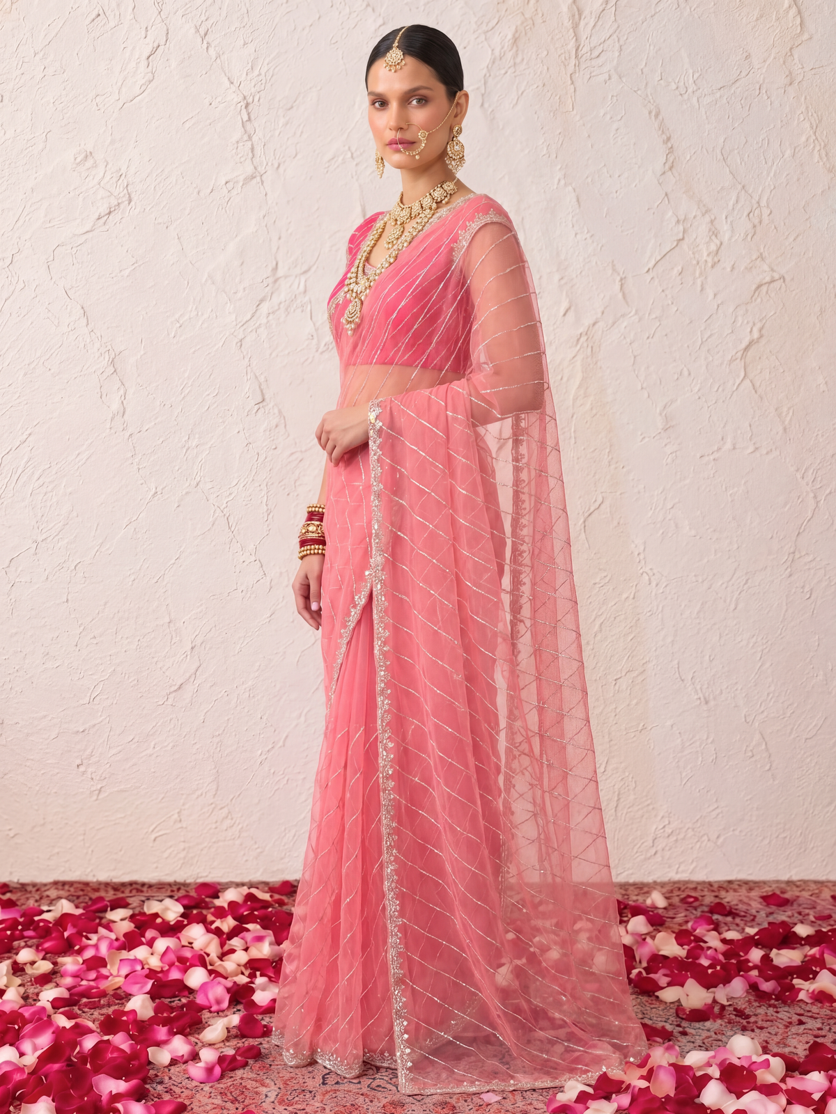 Baby Pink Net Scalloped Hand Beaded Cut Dana Saree with Matching Beaded Blouse Fabric