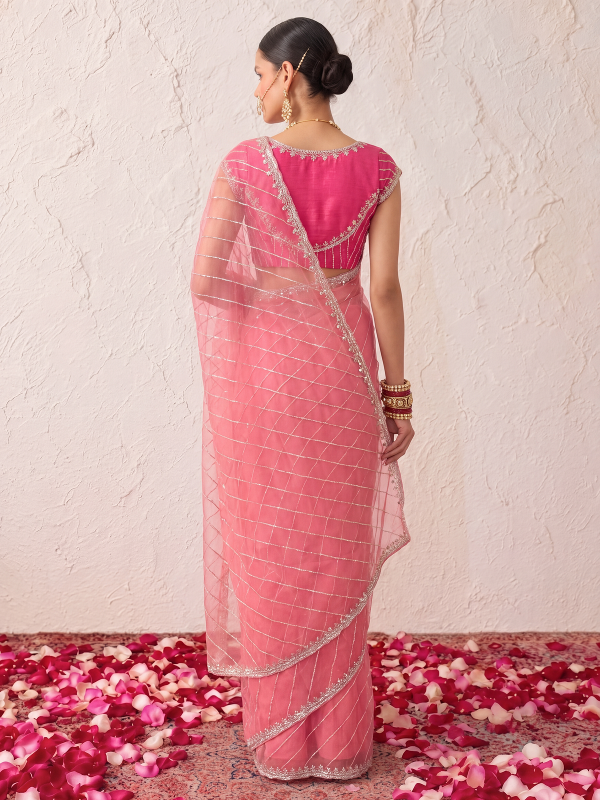 Baby Pink Net Scalloped Hand Beaded Cut Dana Saree with Matching Beaded Blouse Fabric