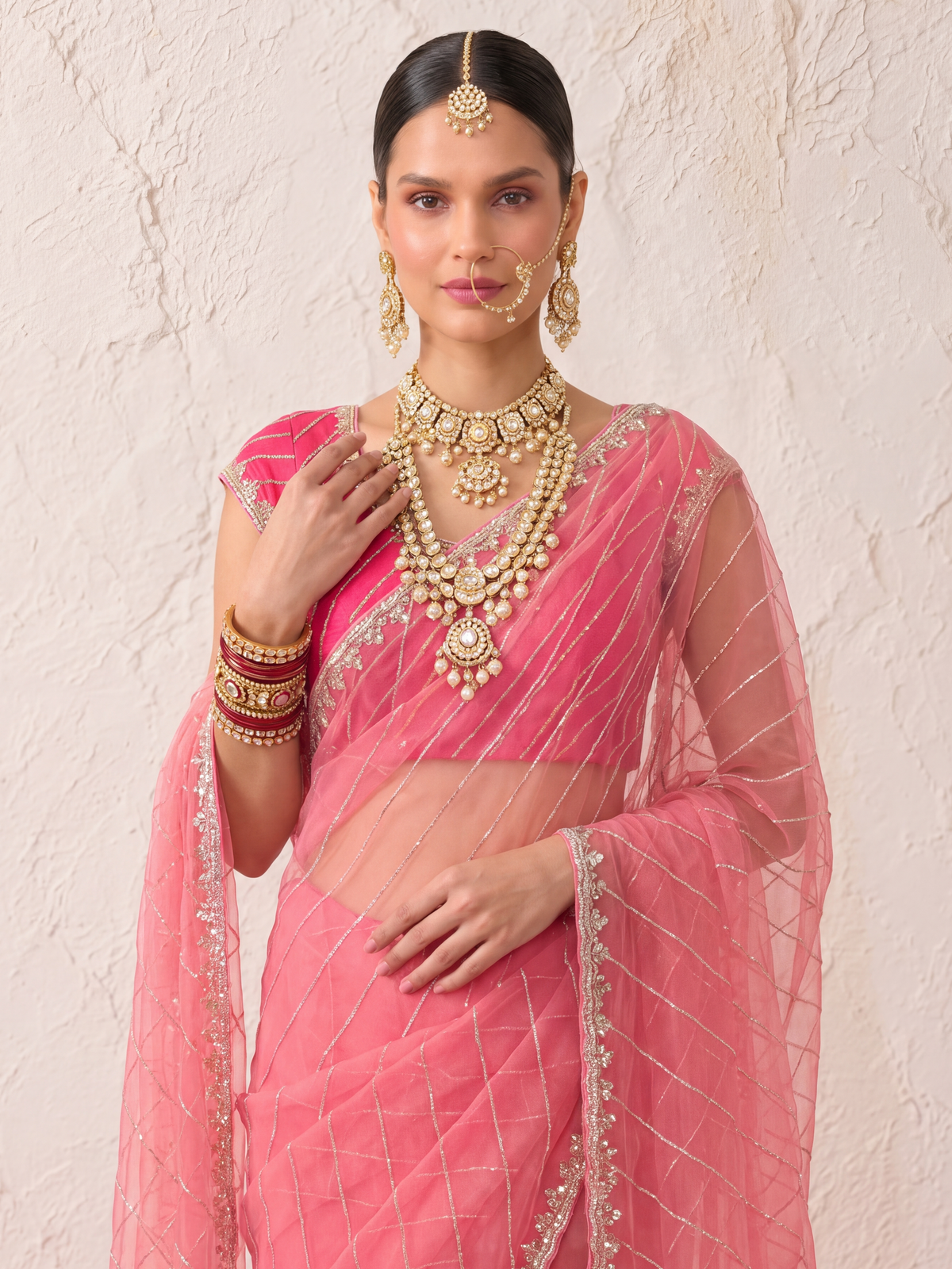 Baby Pink Net Scalloped Hand Beaded Cut Dana Saree with Matching Beaded Blouse Fabric