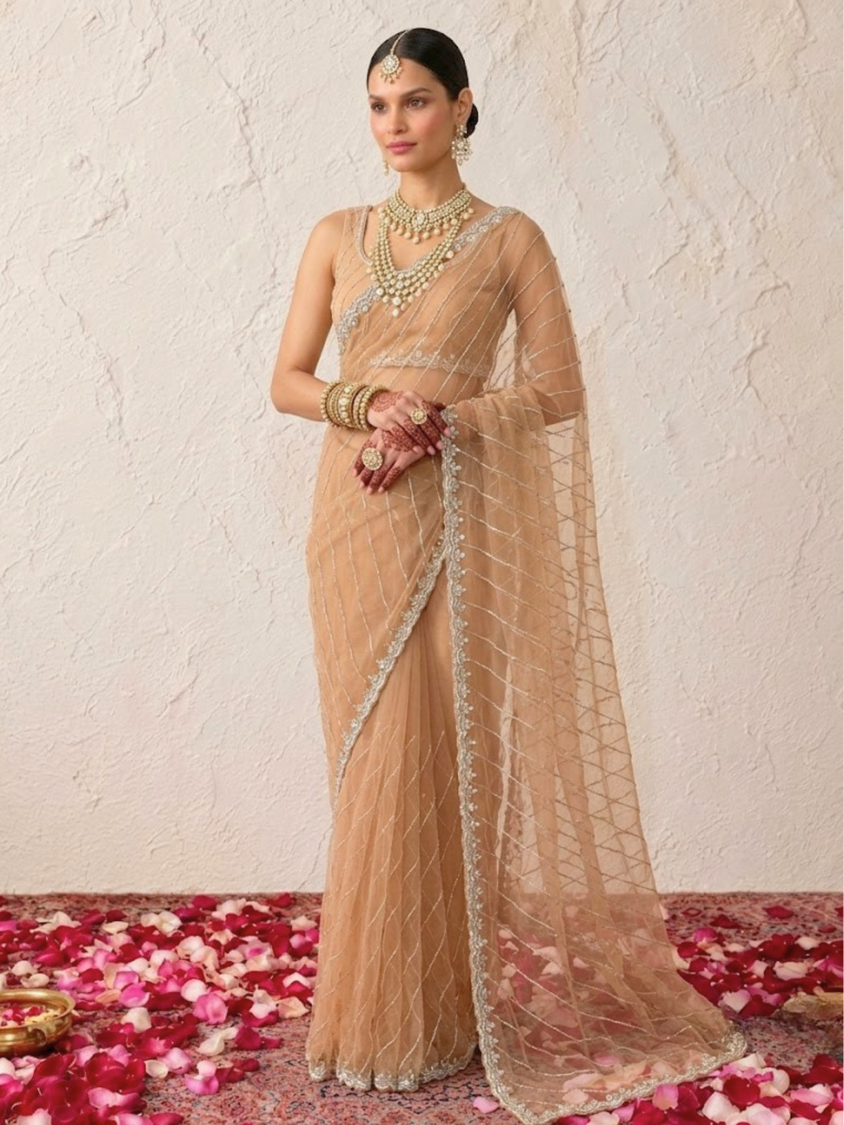 Champagne Net Scalloped Hand Beaded Cut Dana Saree with Matching Beaded Blouse Fabric