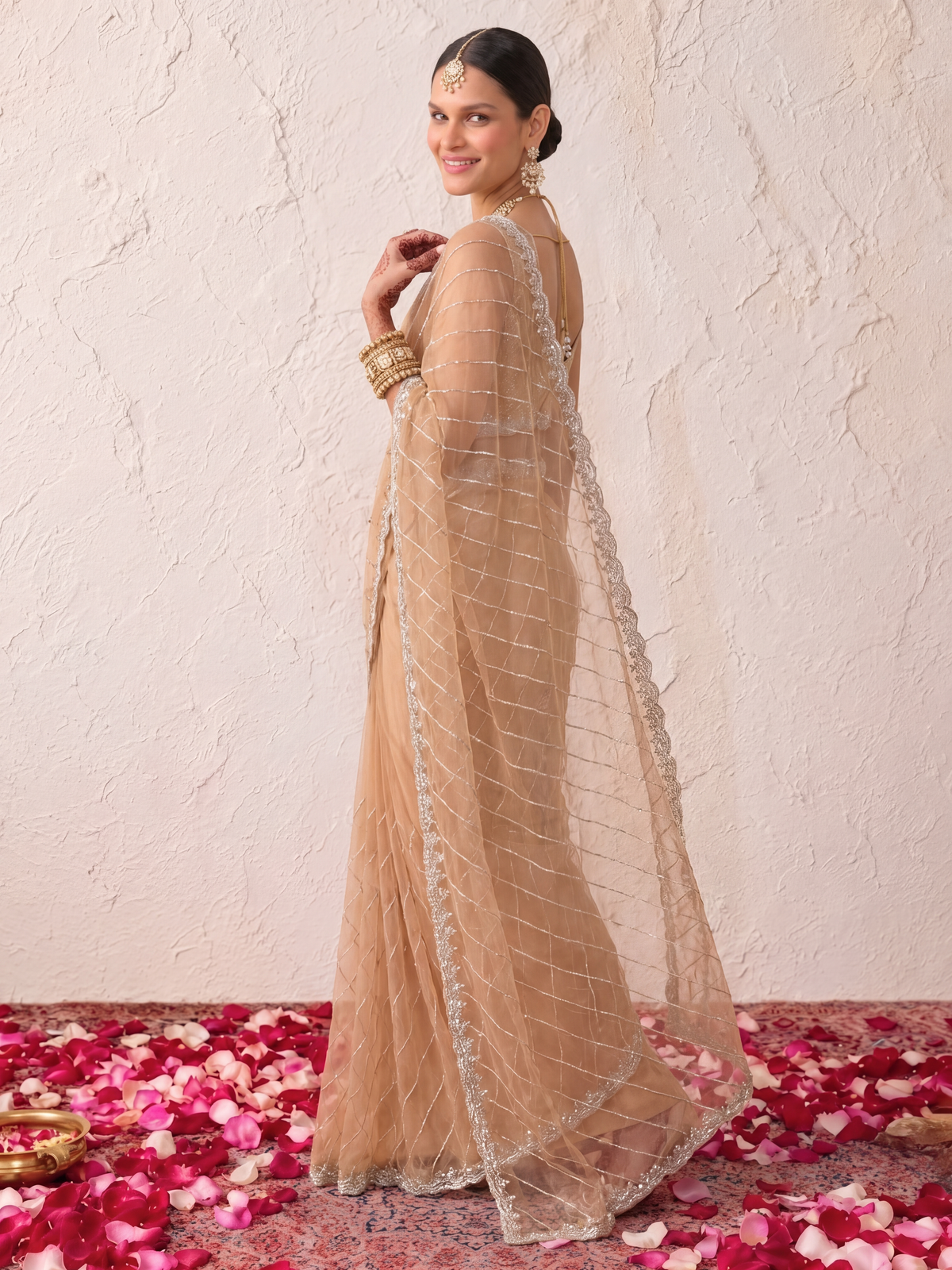 Champagne Net Scalloped Hand Beaded Cut Dana Saree with Matching Beaded Blouse Fabric
