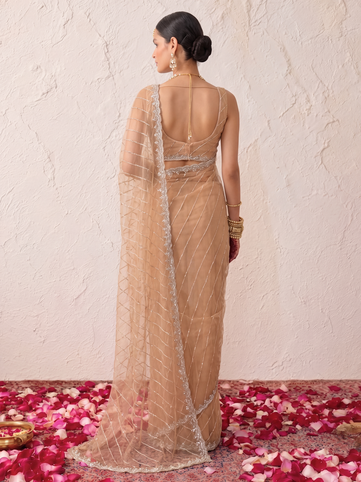 Champagne Net Scalloped Hand Beaded Cut Dana Saree with Matching Beaded Blouse Fabric