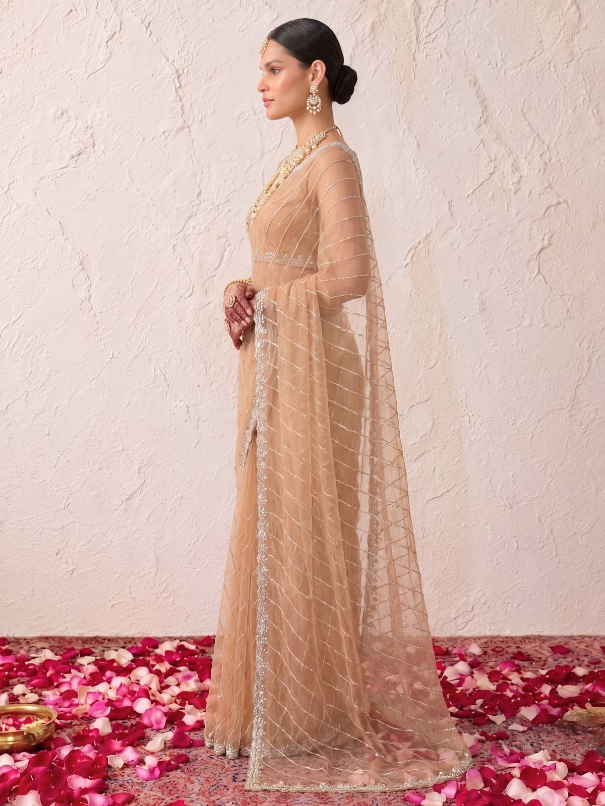 Champagne Net Scalloped Hand Beaded Cut Dana Saree with Matching Beaded Blouse Fabric