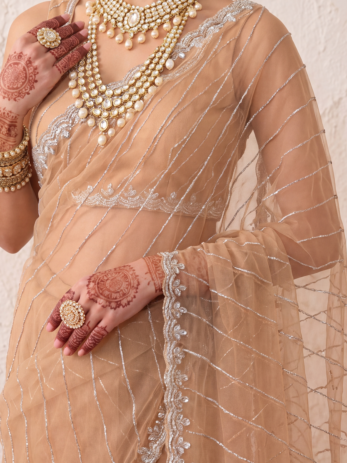 Champagne Net Scalloped Hand Beaded Cut Dana Saree with Matching Beaded Blouse Fabric