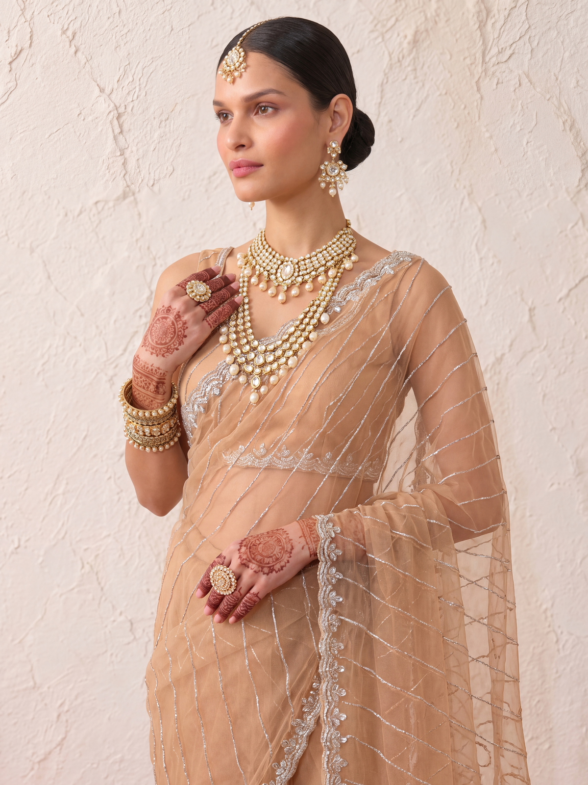 Champagne Net Scalloped Hand Beaded Cut Dana Saree with Matching Beaded Blouse Fabric