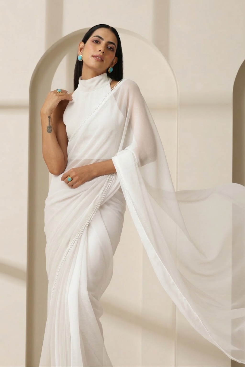 White Chiffon Saree with Lace and Blouse Fabric