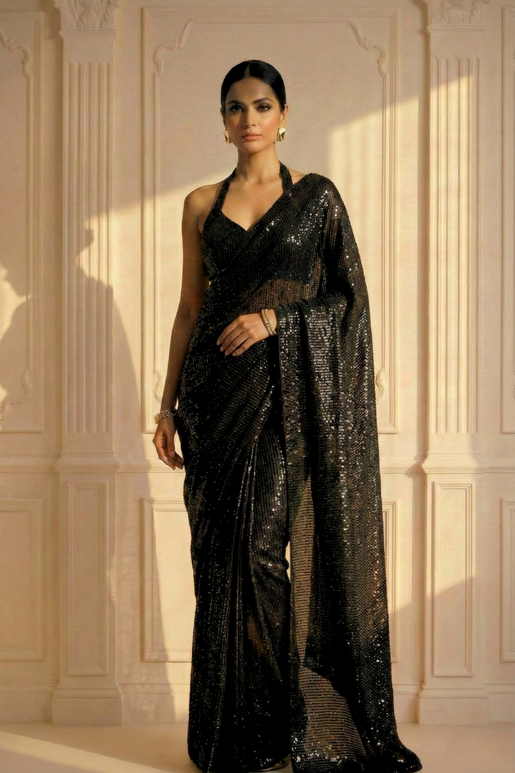 Black Muse Knitted Sequin Saree with Blouse Fabric