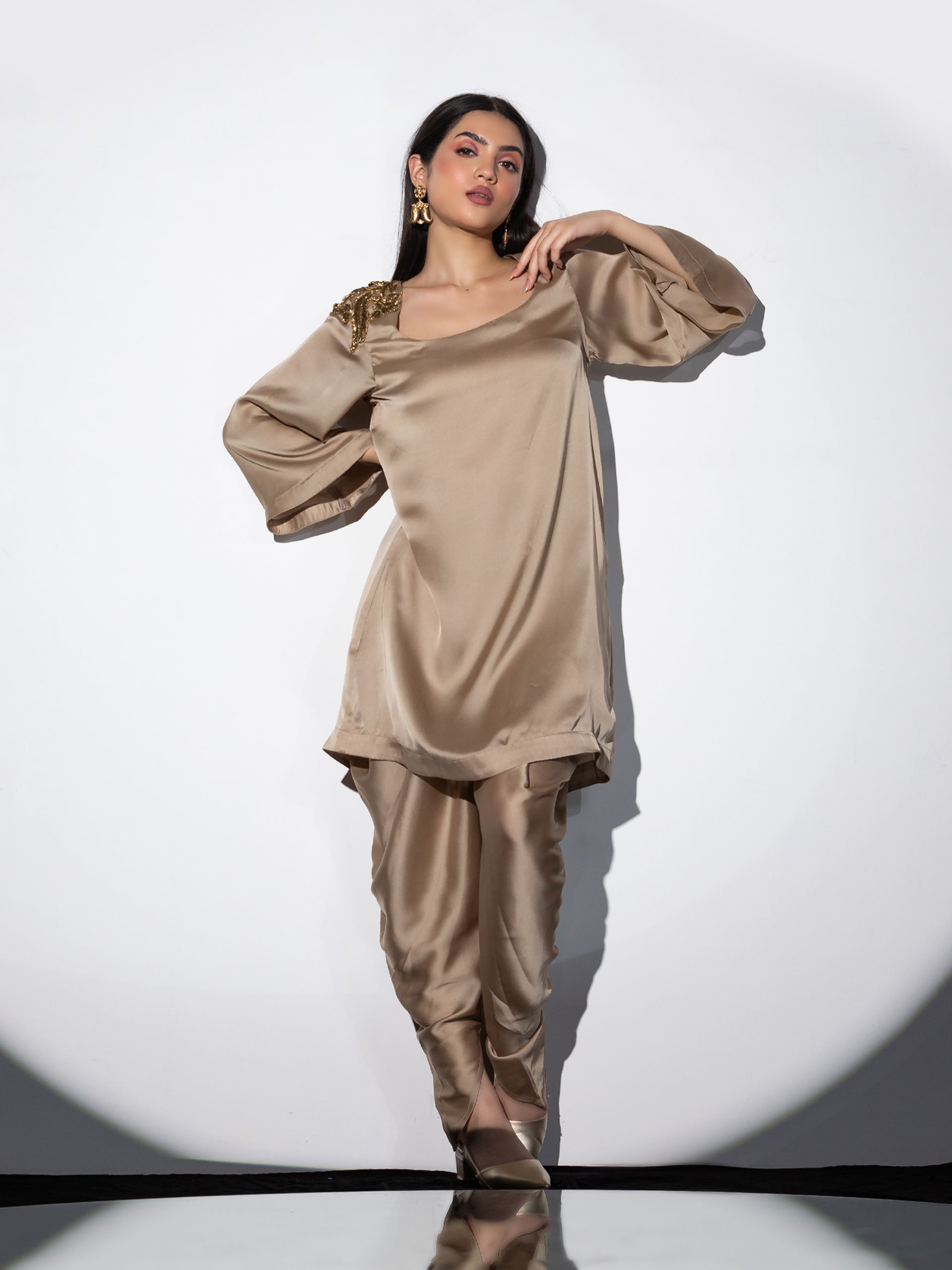 Women's Peanut Bronze Zardozi Shoulder Top Set with Dhoti Pants 2 Piece Set | Straight Fit, Round Neck, Full Sleeves, Dhoti Pants, Partywear, (Satin)