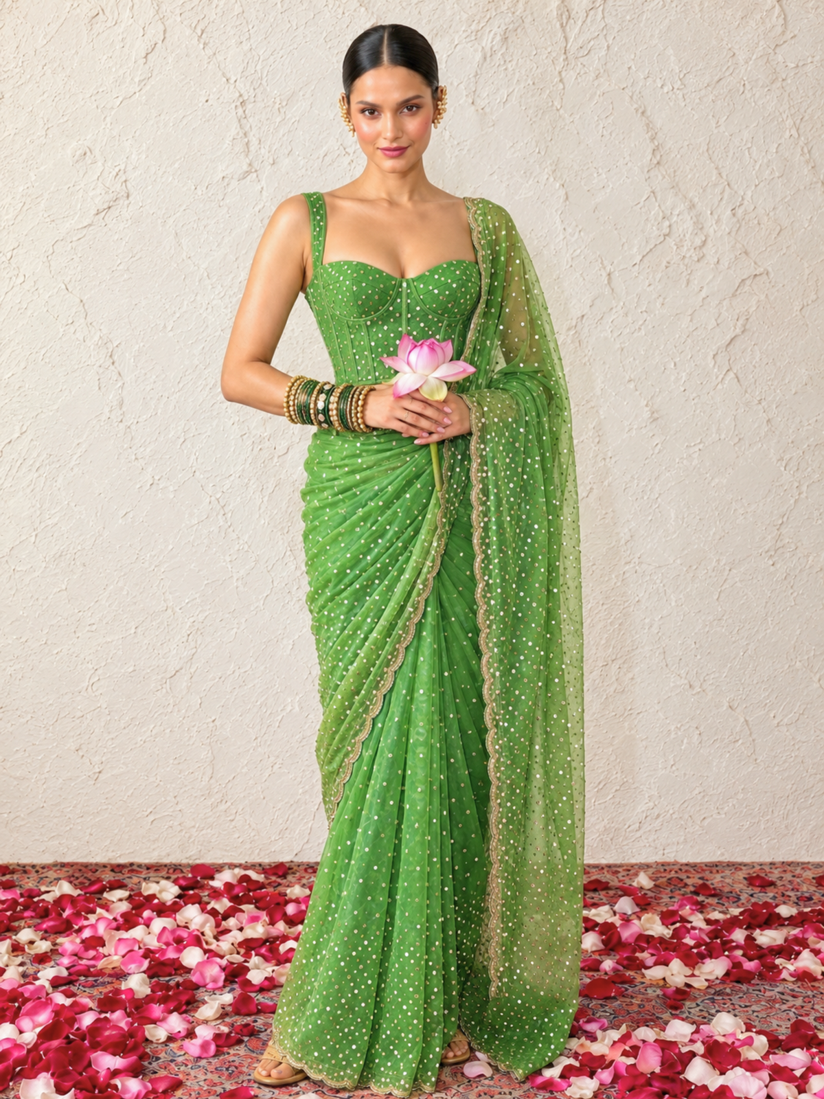 Green Allover Hand Beaded Jaal Saree with Matching Blouse Fabric