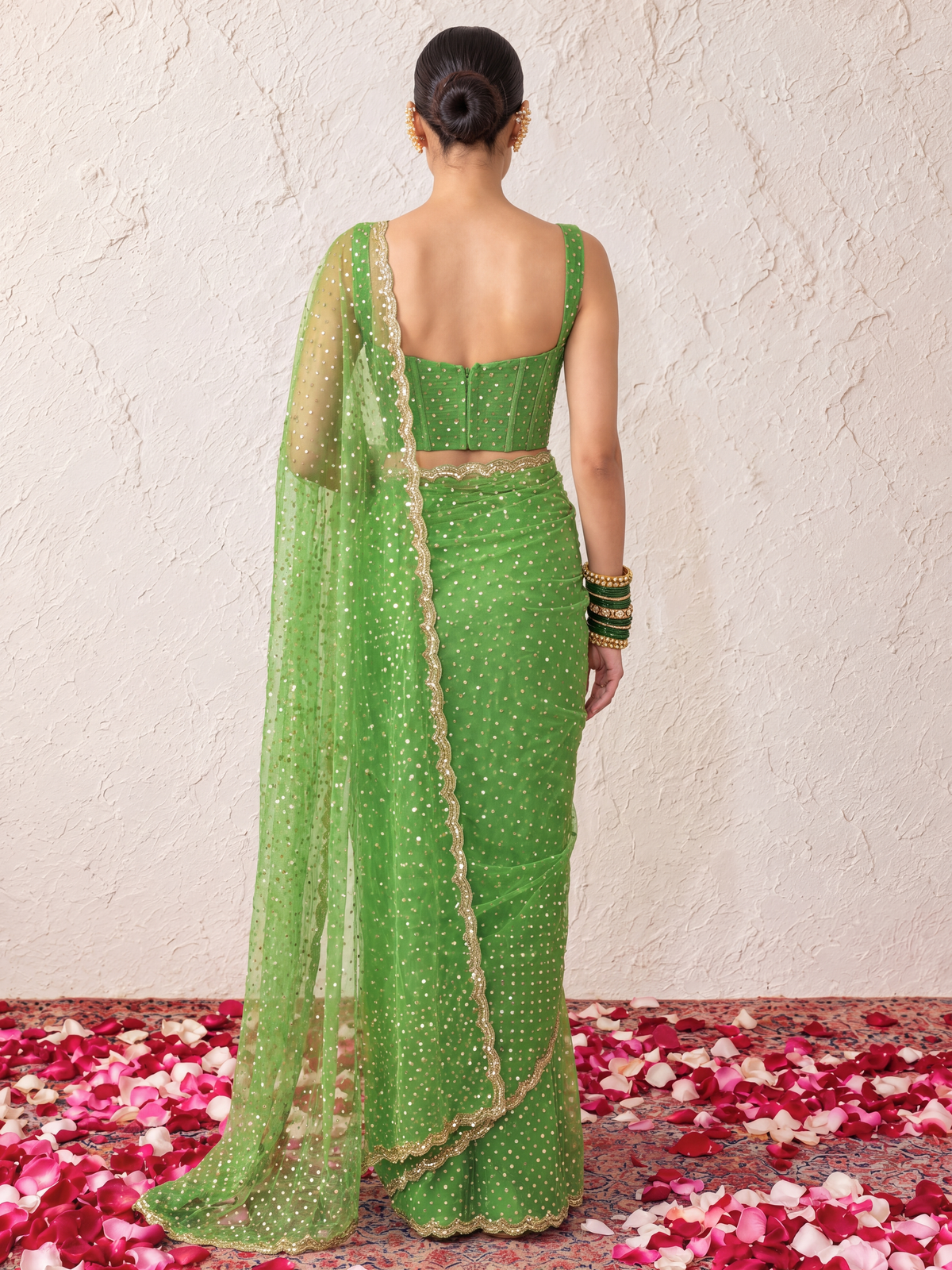 Green Allover Hand Beaded Jaal Saree with Matching Blouse Fabric