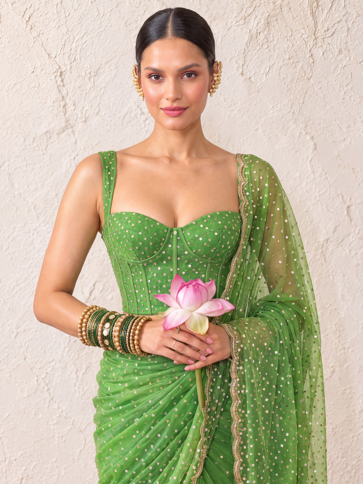 Green Allover Hand Beaded Jaal Saree with Matching Blouse Fabric