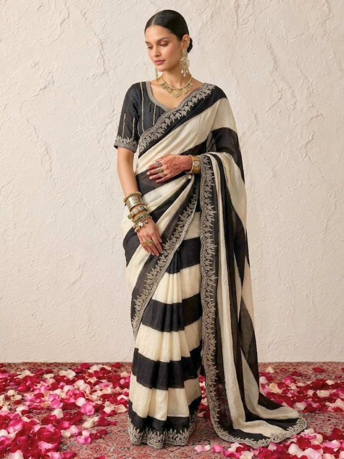 Black and White Striped Metallic Satin Hand Beaded Saree with Matching Beaded Blouse Fabric