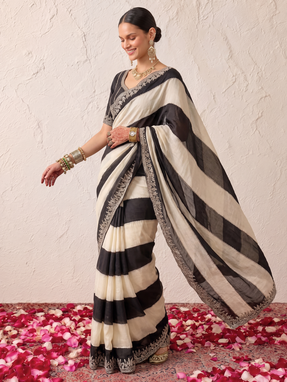 Black and White Striped Metallic Satin Hand Beaded Saree with Matching Beaded Blouse Fabric